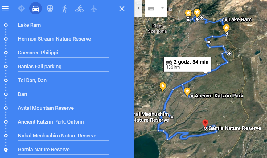 Mapa wycieczki z przewodnikiem Ramat Hagolan